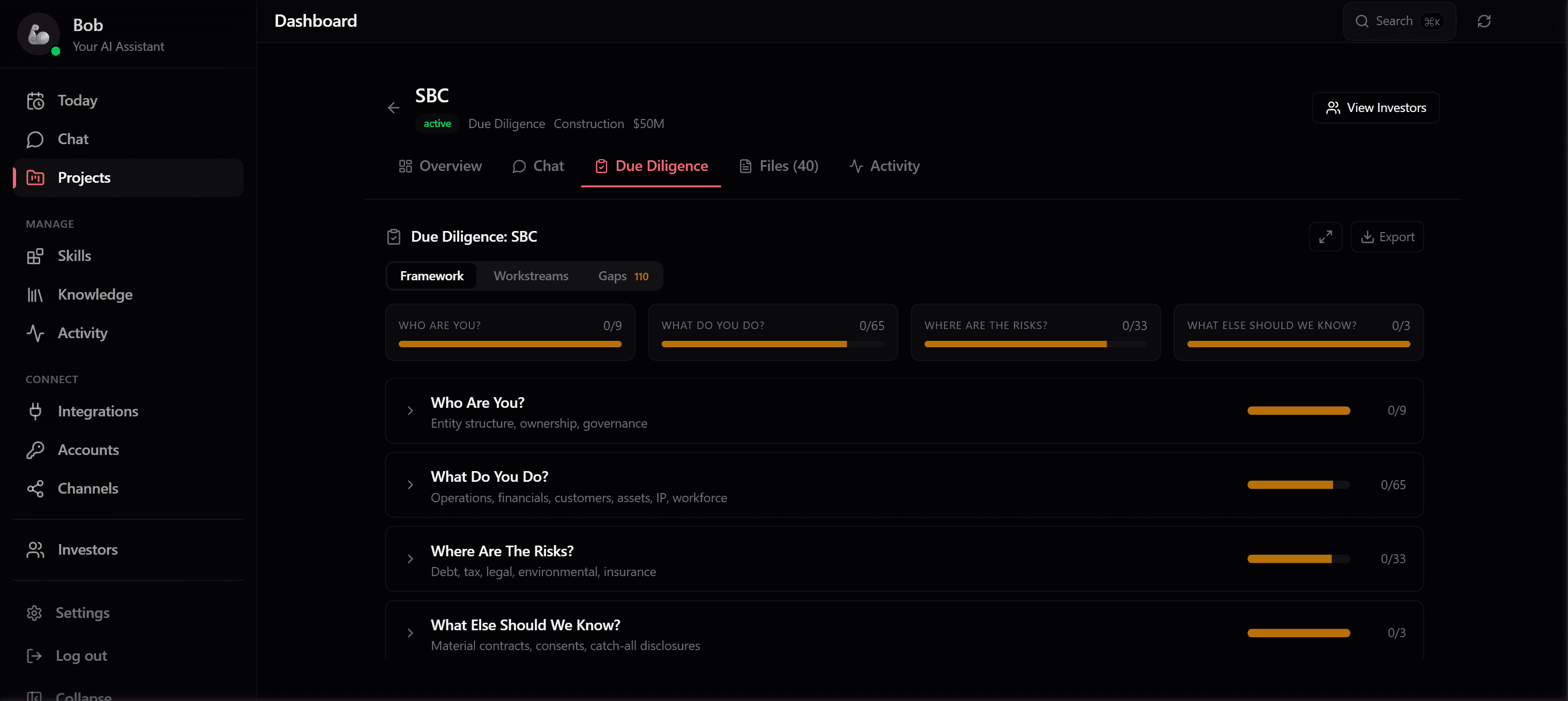 Due Diligence Tracking screenshot from the Capable dashboard