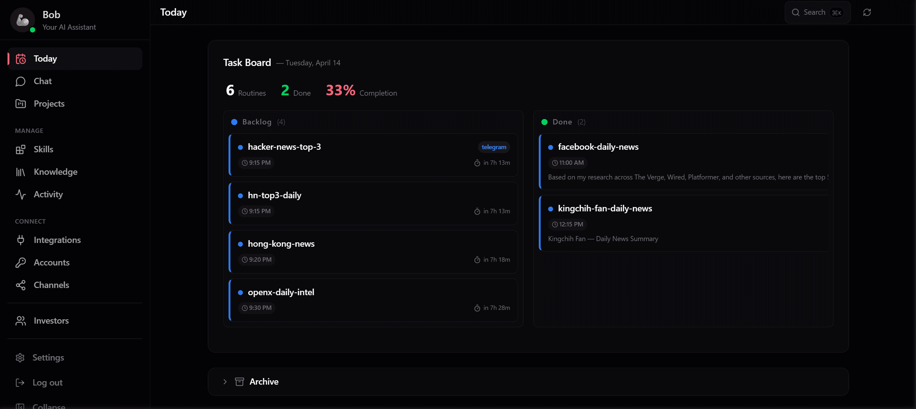 Scheduled Tasks screenshot from the Capable dashboard